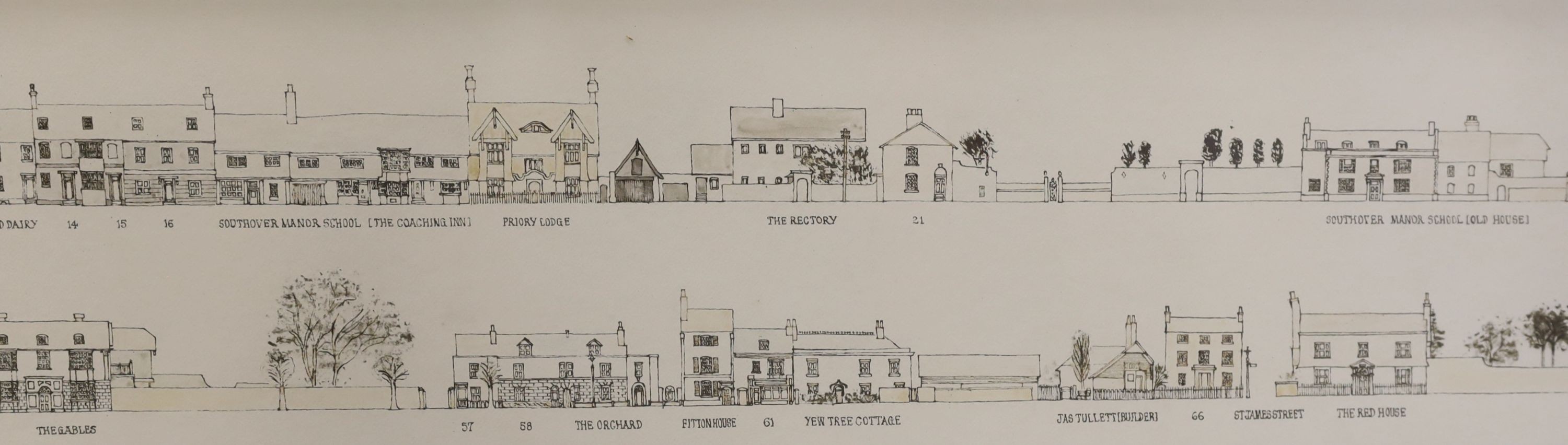 Gough, pen and ink, Priory Crescent and Southover High Street, Lewes, signed and dated 1964, 17 x 184cm
